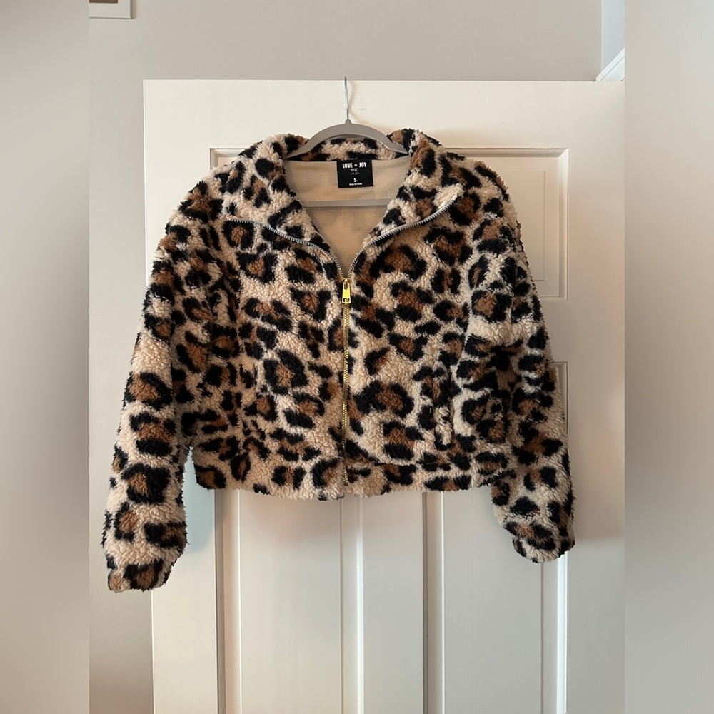 Love + Joy by FCT Leopard Print Sherpa Zip Up Long Sleeve Jacket
